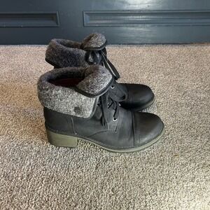 Roxy Black Leather Lace Up Combat Boots with Fold Over Gray Knit Collar Women 8